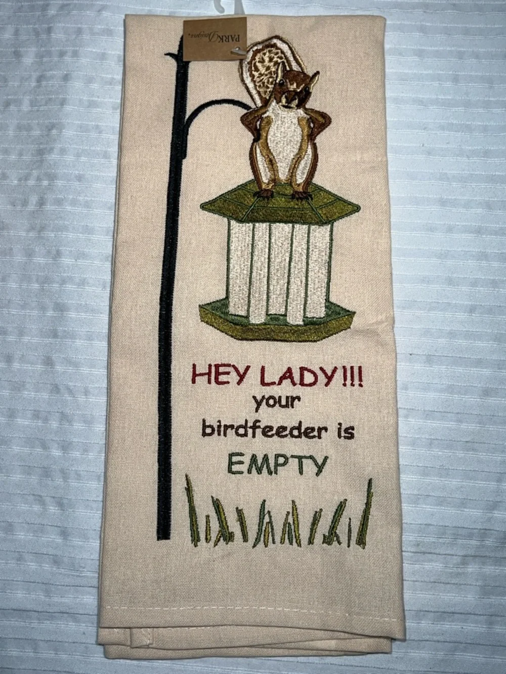 Park Lane Beige Kitchen Towel with Multicolor Embroidered Squirrel & Birdfeeder